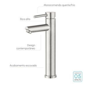 Torneira Monocomando Alta para Banheiro Inox (Lis Escovada)