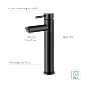 Torneira Monocomando Alta para Banheiro Inox (Lis Preta Fosca)