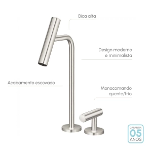 Torneira Monocomando Alta para Banheiro (Lay Níquel Fosca)