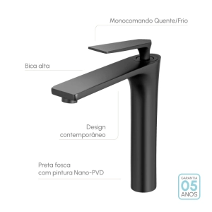 Torneira Monocomando Alta para Banheiro (Michigan Preta Fosca)