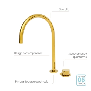 Torneira Monocomando Alta para Banheiro (Milos Dourada)