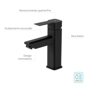 Torneira Monocomando Baixa para Banheiro Inox (Adda Preta Fosca)