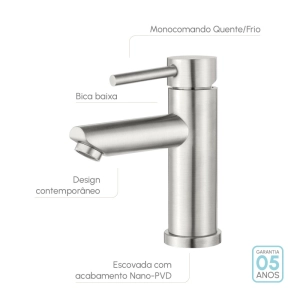 Torneira Monocomando Baixa para Banheiro Inox (Lis Escovada)