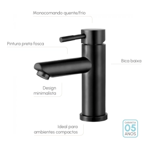 Torneira Monocomando Baixa para Banheiro Inox (Lis Preta Fosca)