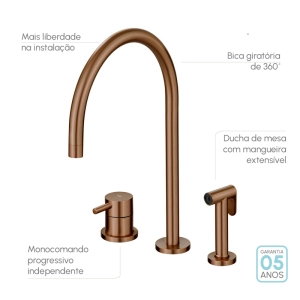 Torneira Monocomando com Ducha de Cozinha Inox (Fiji Ros&eacute; Gold Fosca)