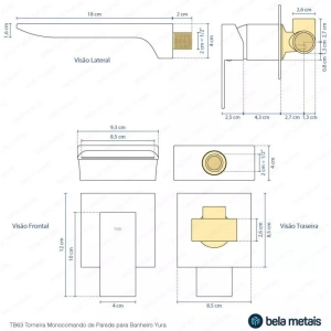Torneira Monocomando de Parede para Banheiro (Yura Dourada) - Outlet