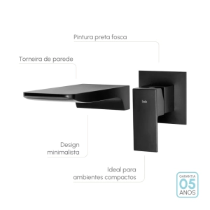 Torneira Monocomando de Parede para Banheiro (Yura Preta Fosca)