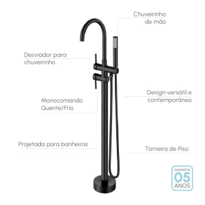 Torneira Monocomando de Piso para Banheira (Maule Preta Fosca)