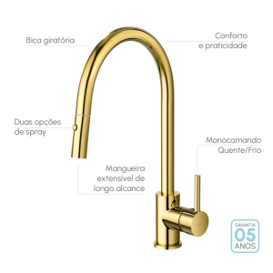 Torneira Monocomando Gourmet de Cozinha (Barbados Dourada)