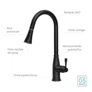 Torneira Monocomando Gourmet de Cozinha (Creta Preta Fosca)