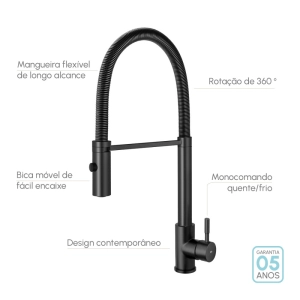 Torneira Monocomando Gourmet de Cozinha Inox (Capri&nbsp;Preta Fosca)