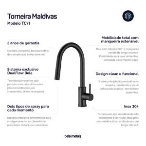 Torneira Monocomando Gourmet de Cozinha Inox (Maldivas Preta Fosca)