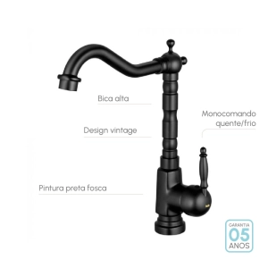 Torneira Monocomando Retr&ocirc; Alta para Banheiro (Douro Preta Fosca)
