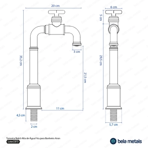 Torneira Retr&ocirc; Alta de &Aacute;gua Fria para Banheiro (Aron Dourada)