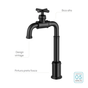 Torneira Retr&ocirc; Alta de &Aacute;gua Fria para Banheiro (Aron Preta Fosca)