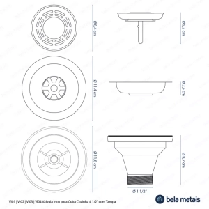 V&aacute;lvula Inox para Cuba Cozinha 4 1/2" com Tampa (Cinza Fosca)